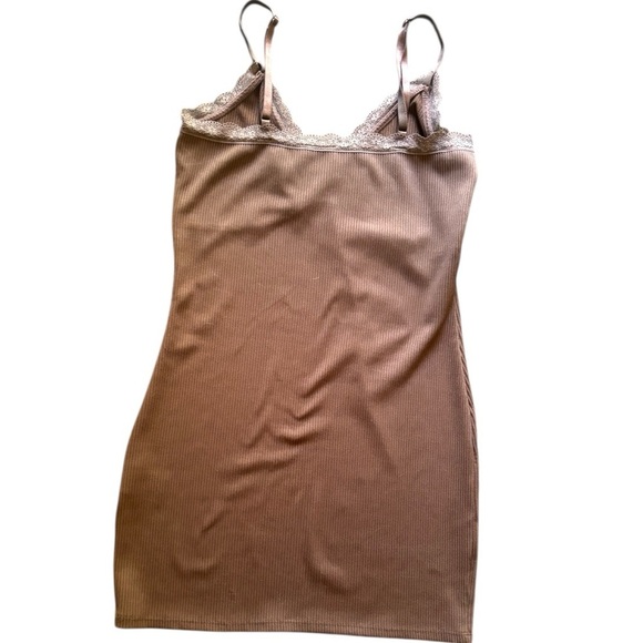 H&M Ribbed Slip Dress Medium Brown Lace Trim Adjustable Straps - Picture 2 of 6
